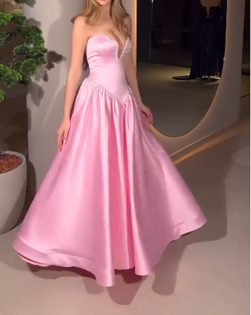 Classic Pink Strapless A-Line Satin Long Prom Dresses Formal Evening Gowns ED02969