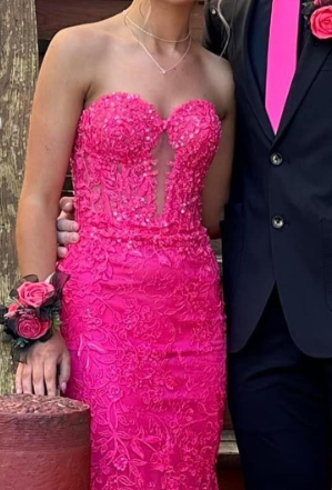 Sweet Hot Pink Sweetheart Mermaid Tulle Applique Long Prom Dresses Formal Evening Gowns ED02976