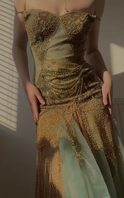 Vintage Spaghetti Straps Sheath Tulle Beaded Long Prom Dresses Elegant Evening Gowns ED02977