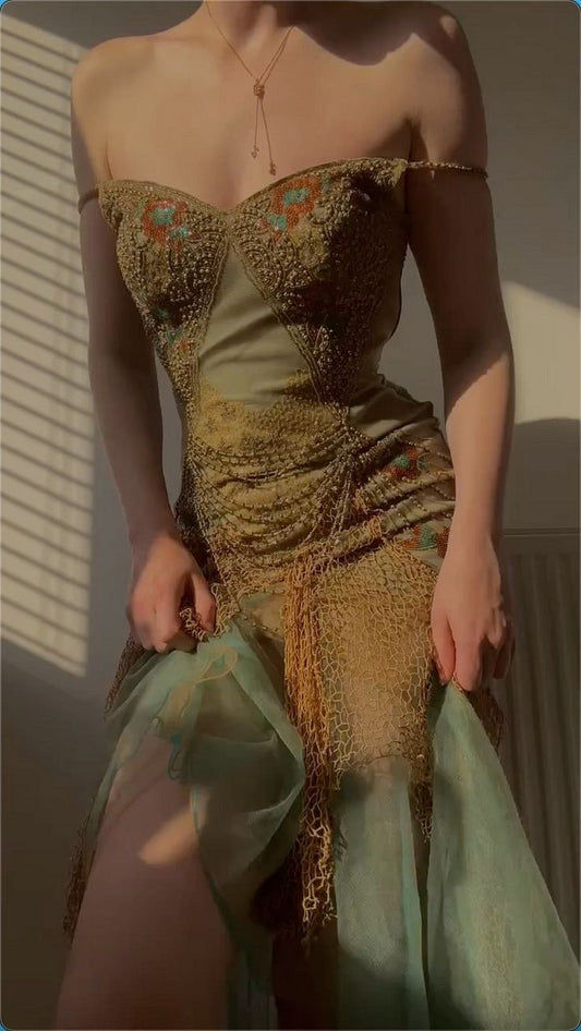 Vintage Spaghetti Straps Sheath Tulle Beaded Long Prom Dresses Elegant Evening Gowns ED02977