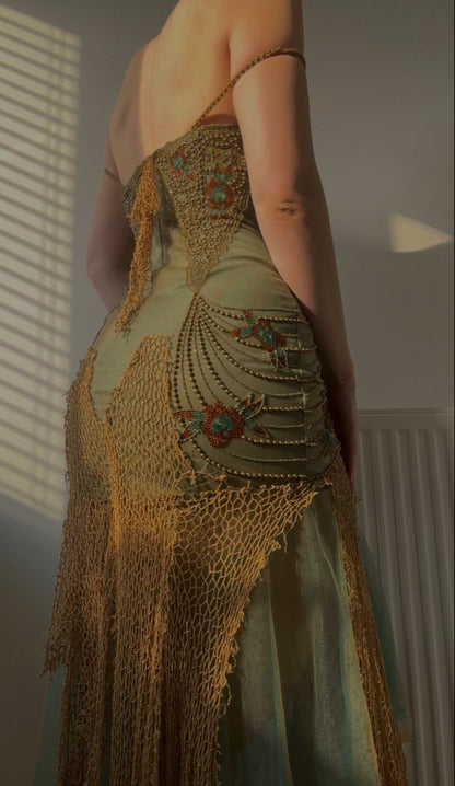 Vintage Spaghetti Straps Sheath Tulle Beaded Long Prom Dresses Elegant Evening Gowns ED02977