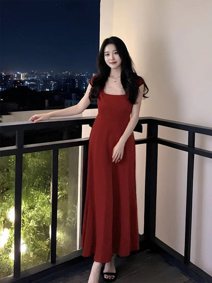 French simple A-line square neck long skirt ED0297