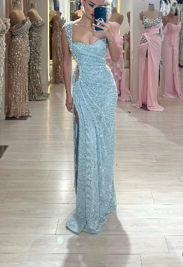 Elegant Light Blue Square Neck Sheath Beading Long Prom Dresses Fashion Formal Evening Gowns with Slits  ED02980