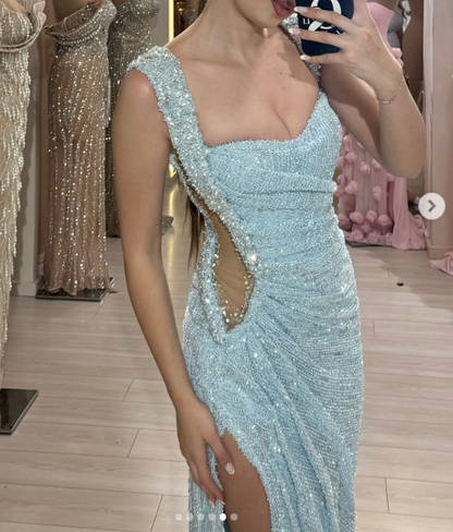 Elegant Light Blue Square Neck Sheath Beading Long Prom Dresses Fashion Formal Evening Gowns with Slits  ED02980