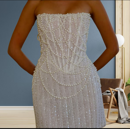 Sweet White Strapless Bodycon Beaded Short Evening Dress Birthday Party Dress ED02983