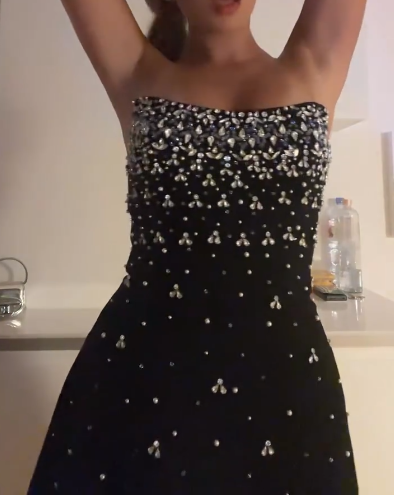 Stunning Black Strapless Sheath Satin Beaded Short Party Dresses Fashionable Homecoming Dress ED02985