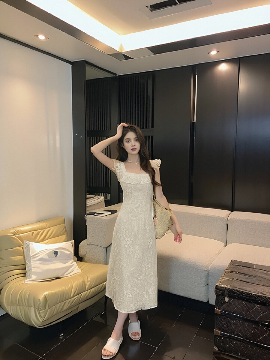 Tea Break French Lace Embroidery Floral Ruffle Dress ED0298