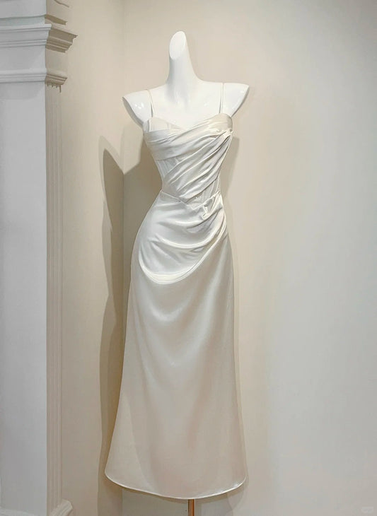 Elegant White Spaghetti Straps Sheath Satin Long Prom Dresses Formal Evening Gowns ED02990