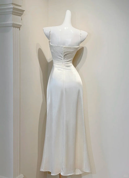 Elegant White Spaghetti Straps Sheath Satin Long Prom Dresses Formal Evening Gowns ED02990