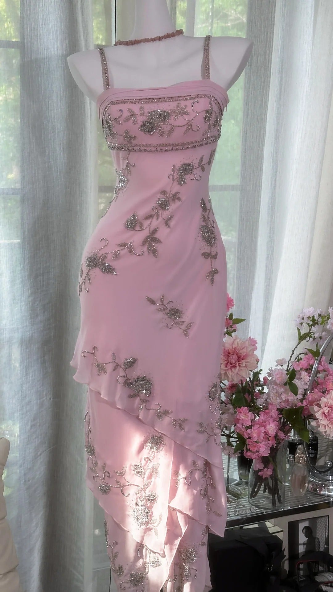 Classic Square Neck Pink Sheath Beaded Chiffon Prom Dresses Vintage Evening Gowns ED02992