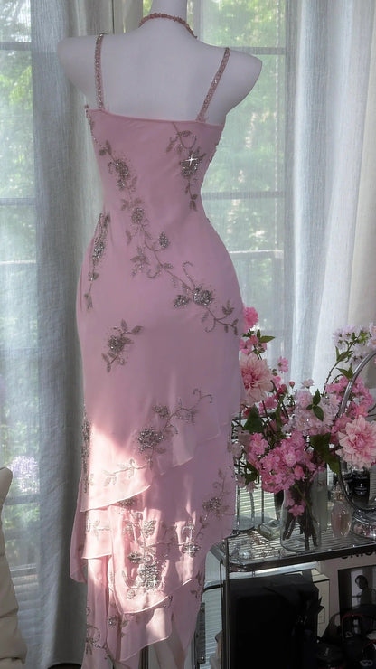 Classic Square Neck Pink Sheath Beaded Chiffon Prom Dresses Vintage Evening Gowns ED02992