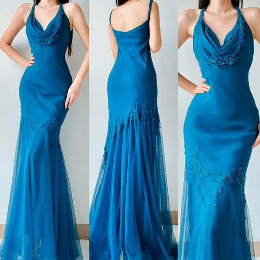 Elegant Blue Halter Mermaid Satin Tulle Prom Dresses Vintage Evening Gowns with Appliques ED02993
