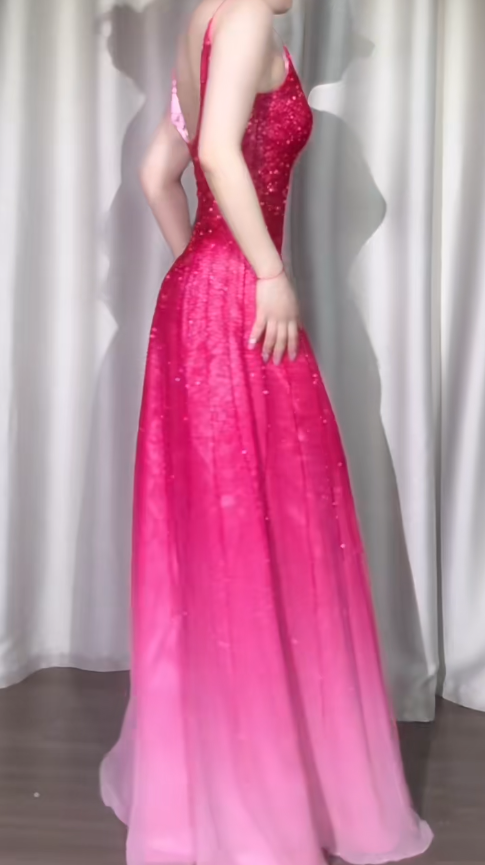 Gorgeous Gradient Pink Spaghetti Straps A-Line Chiffon Beading Long Prom Dresses Elegant Birthday Evening Gowns ED02994