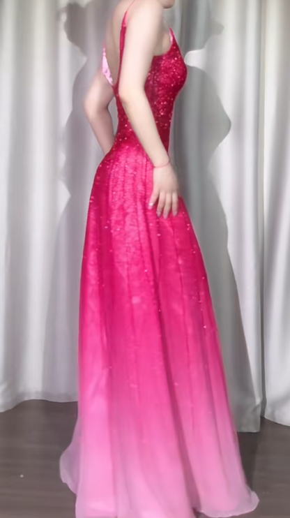 Gorgeous Gradient Pink Spaghetti Straps A-Line Chiffon Beading Long Prom Dresses Elegant Birthday Evening Gowns ED02994