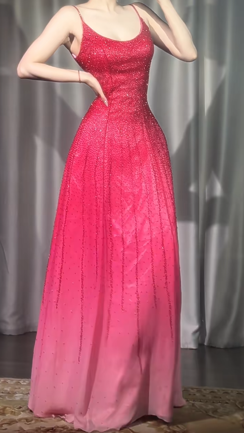 Gorgeous Gradient Pink Spaghetti Straps A-Line Chiffon Beading Long Prom Dresses Elegant Birthday Evening Gowns ED02994