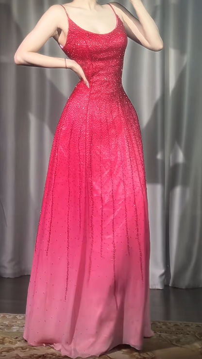 Gorgeous Gradient Pink Spaghetti Straps A-Line Chiffon Beading Long Prom Dresses Elegant Birthday Evening Gowns ED02994