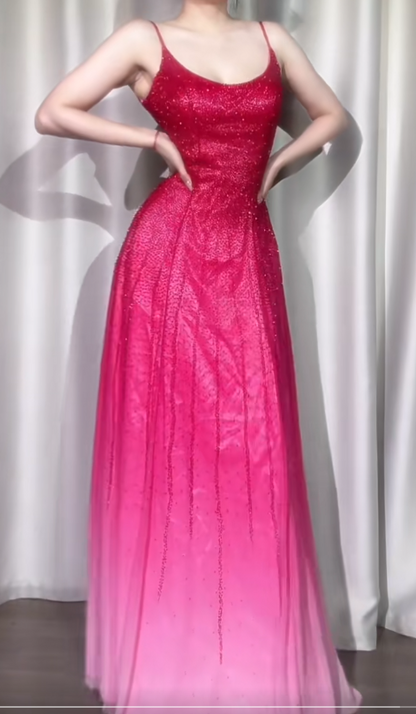 Gorgeous Gradient Pink Spaghetti Straps A-Line Chiffon Beading Long Prom Dresses Elegant Birthday Evening Gowns ED02994