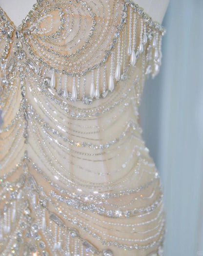 Stunning Light Champagne Sweetheart Mermaid Tulle Beading Long Prom Dresses Formal Evening Gowns ED02995