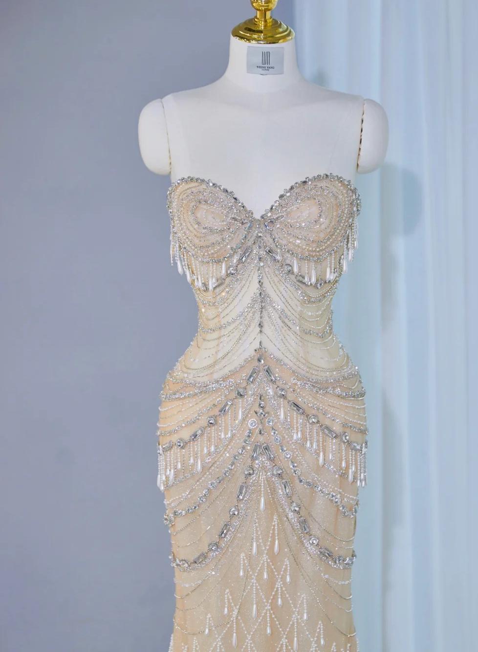 Stunning Light Champagne Sweetheart Mermaid Tulle Beading Long Prom Dresses Formal Evening Gowns ED02995