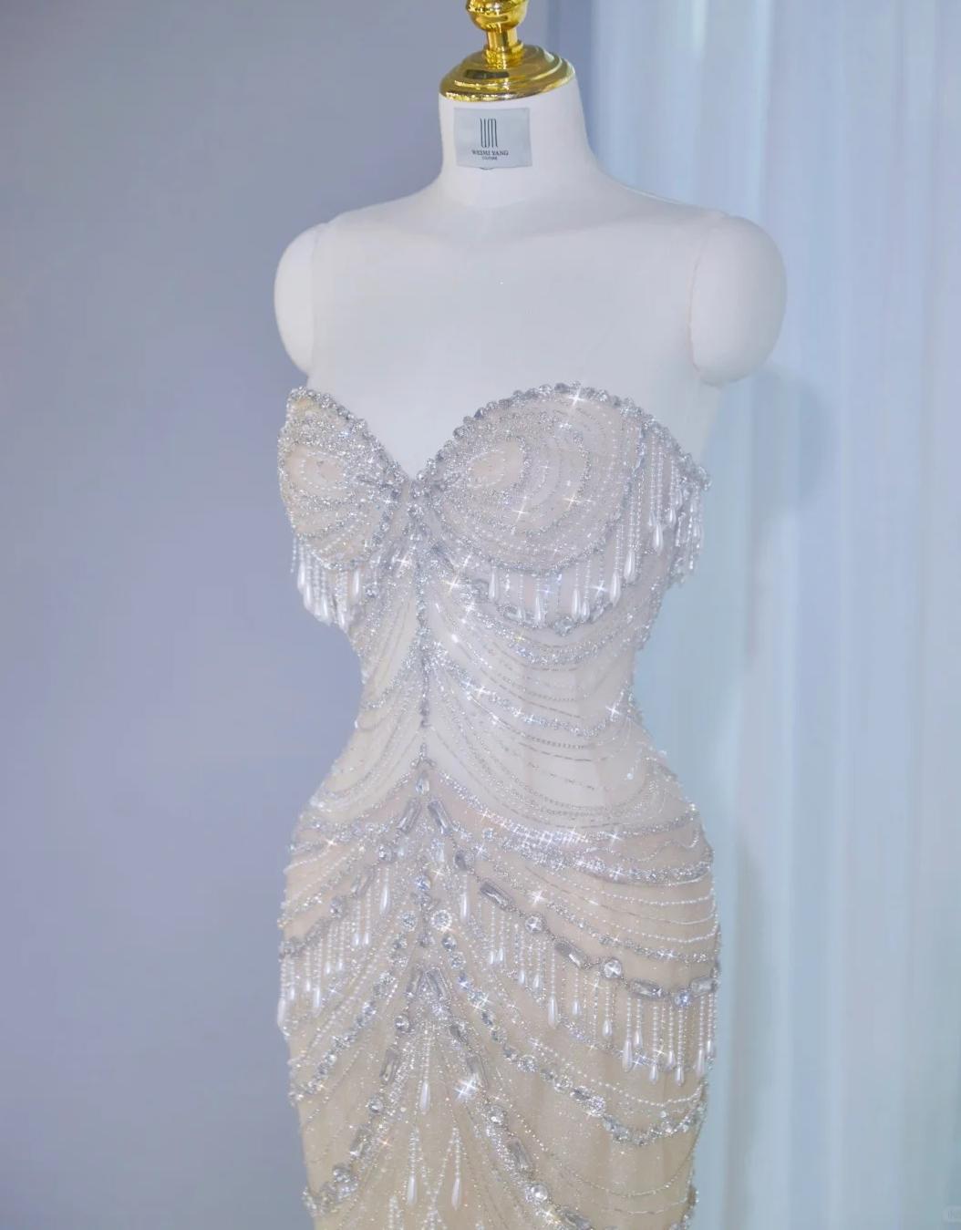 Stunning Light Champagne Sweetheart Mermaid Tulle Beading Long Prom Dresses Formal Evening Gowns ED02995