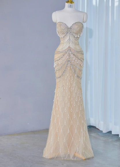 Stunning Light Champagne Sweetheart Mermaid Tulle Beading Long Prom Dresses Formal Evening Gowns ED02995