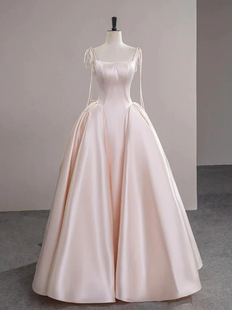 A-Line Satin Pink Champagne Long Prom Dress, Pink Champagne Long Evening Dress ED030