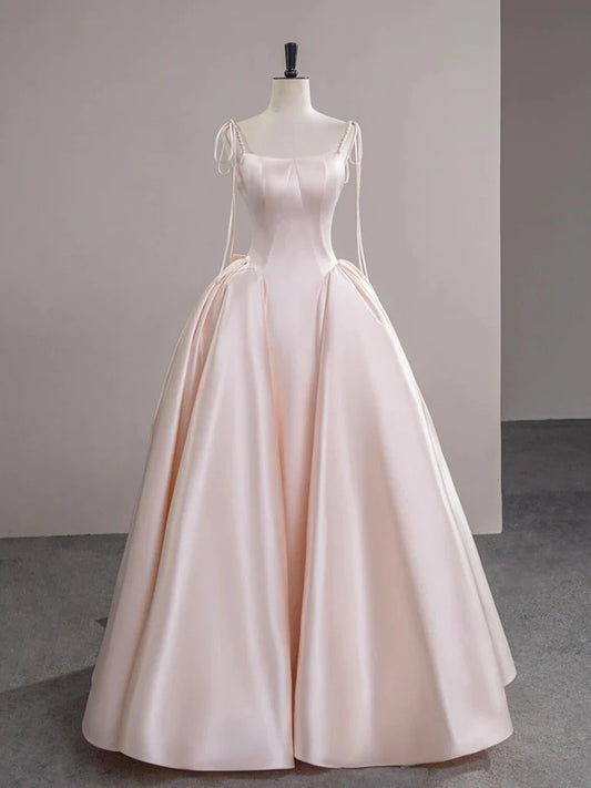 A-Line Satin Pink Champagne Long Prom Dress, Pink Champagne Long Evening Dress ED030