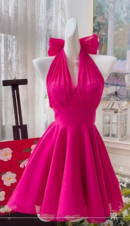 Sweet Fuchsia Halter Neck A-Line Chiffon Short Party Dress Cocktail Outfit ED03001