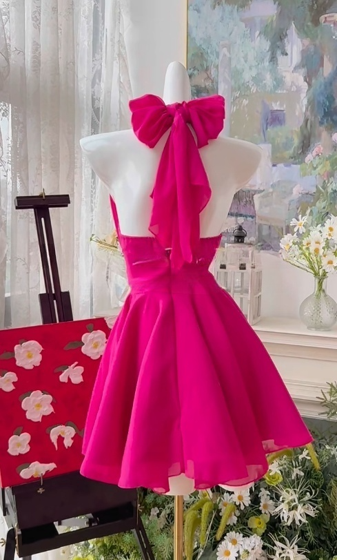 Sweet Fuchsia Halter Neck A-Line Chiffon Short Party Dress Cocktail Outfit ED03001