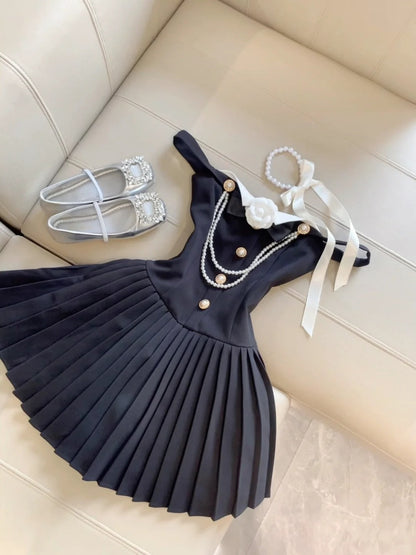 Elegant Black Hepburn Style Off-shoulder A-Line Pleated Short Party Dress ED03002