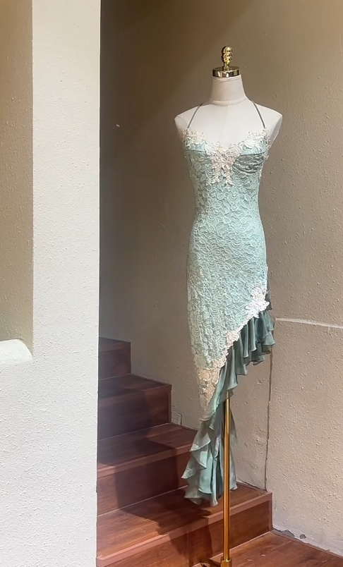 Vintage Green Spaghetti Straps Sheath Lace Chiffon Prom Dresses Elegant Wedding Guest Dresses ED03005