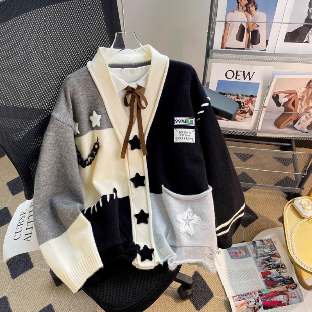 Niche patchwork loose knitted cardigan ED0300