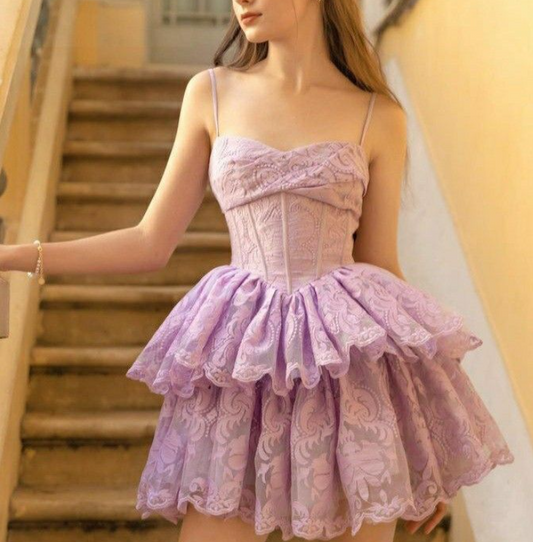 Sweet Purple Spaghetti Straps A-Line Lace Applique Short Birthday Evening Dress Princess-like Homecoming Dress ED03010