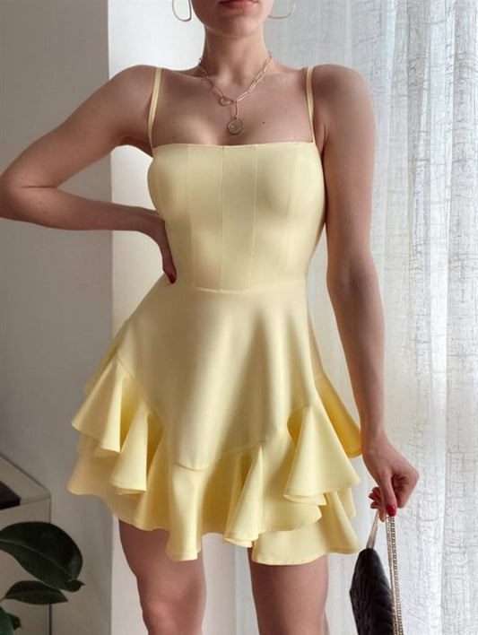 Gorgeous Butter Yellow Spaghetti Straps A-Line Chiffon Short Cocktail Party Dress ED03013