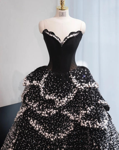 Stunning Black Strapless A-Line Velvet Beaded Long Evening Gown Elegant Wedding Dress ED03016