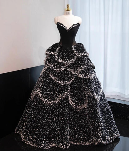 Stunning Black Strapless A-Line Velvet Beaded Long Evening Gown Elegant Wedding Dress ED03016