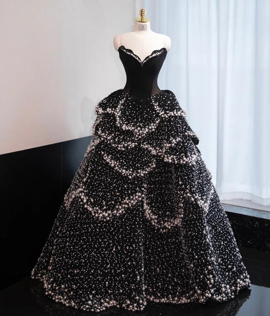 Stunning Black Strapless A-Line Velvet Beaded Long Evening Gown Elegant Wedding Dress ED03016