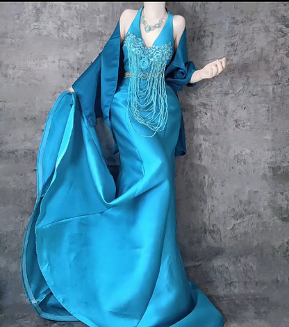 Elegant Blue Mermaid V Neck Satin Long Prom Dresses Formal Evening Dress with Open Back ED03017