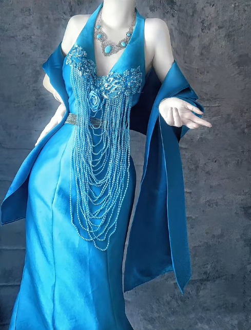 Elegant Blue Mermaid V Neck Satin Long Prom Dresses Formal Evening Dress with Open Back ED03017