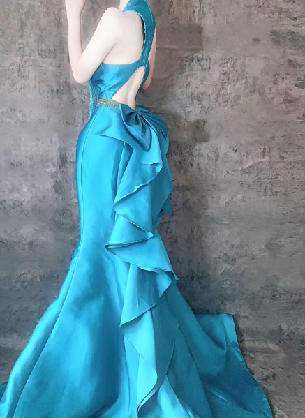 Elegant Blue Mermaid V Neck Satin Long Prom Dresses Formal Evening Dress with Open Back ED03017