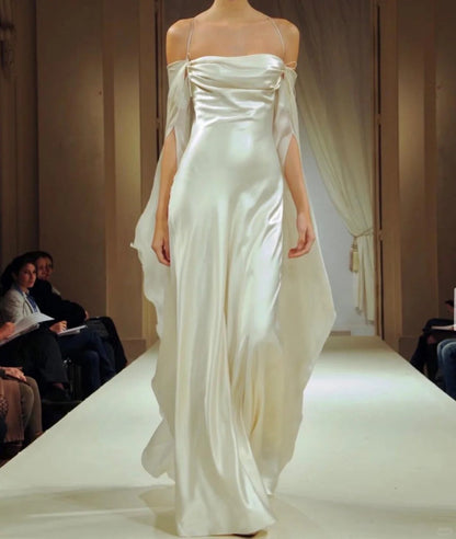 Elegant White Spaghetti Straps Sheath Satin Long Prom Dresses Formal Evening Dresses with Open Back ED03019