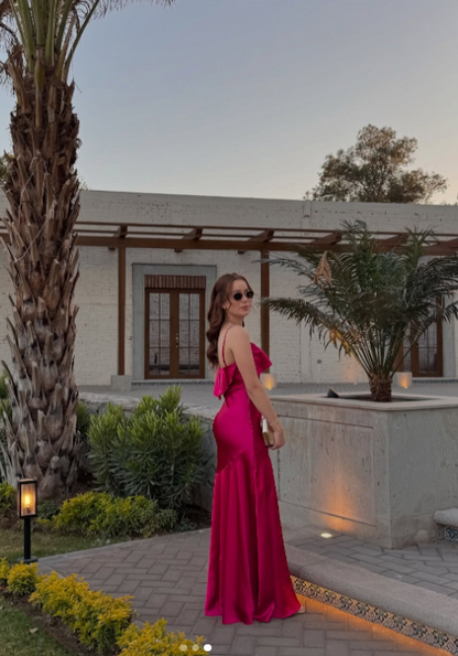 Elegant Strong Pink Spaghetti Straps Sheath Satin Long Prom Dresses Formal Evening Dresses with Slits ED03020