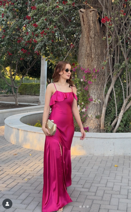 Elegant Strong Pink Spaghetti Straps Sheath Satin Long Prom Dresses Formal Evening Dresses with Slits ED03020