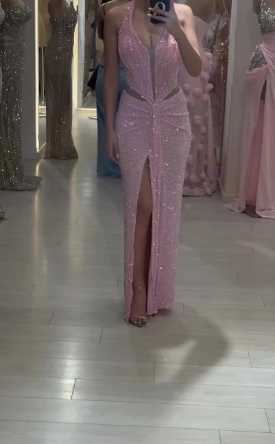 Sweet Pink Halter Sheath Glitter  Two-piece Prom Dresses Formal Elegant Evening Dresses with Slits ED03021