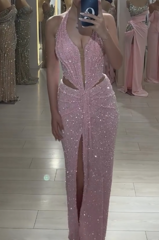Sweet Pink Halter Sheath Glitter  Two-piece Prom Dresses Formal Elegant Evening Dresses with Slits ED03021