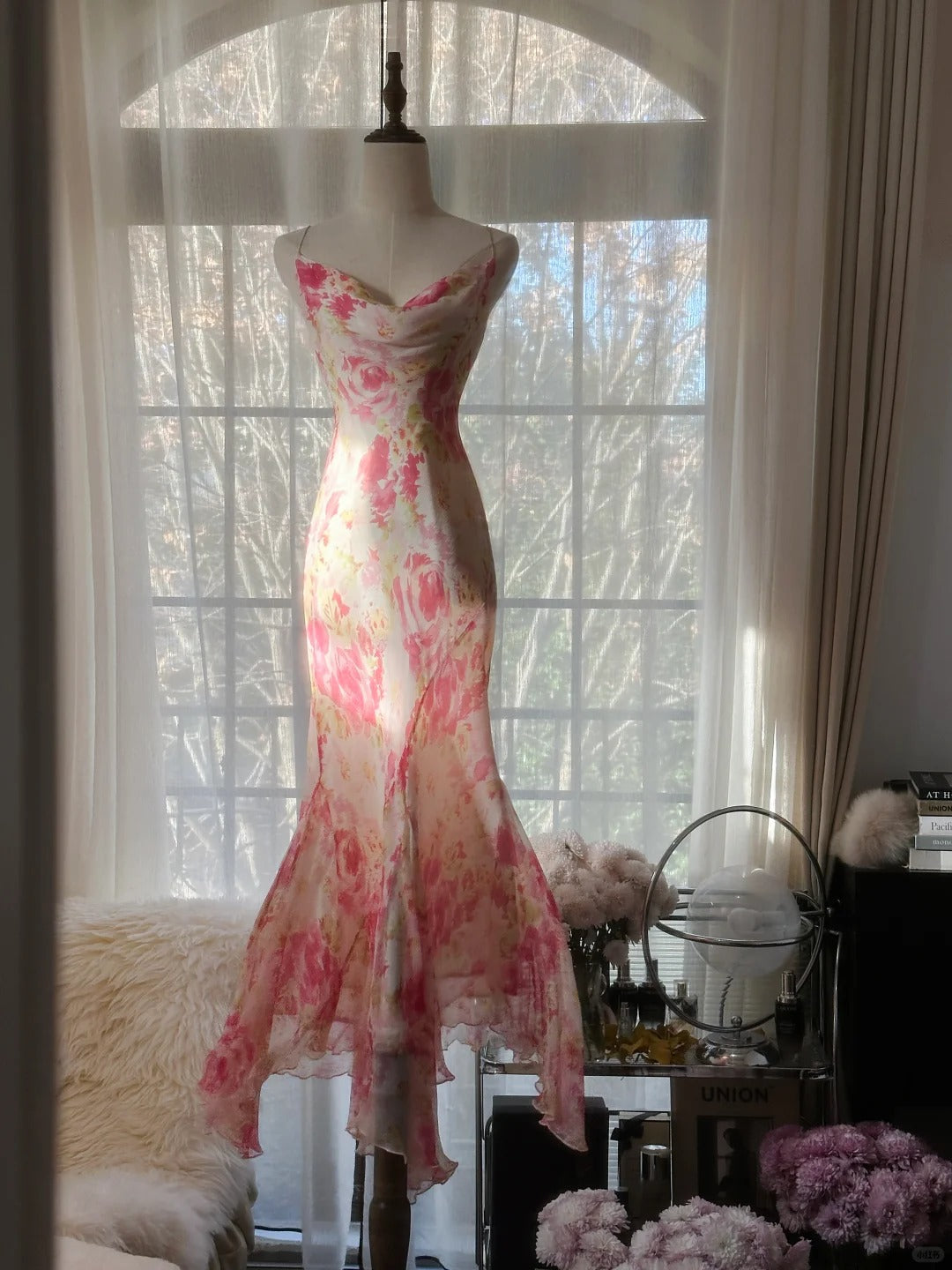 Elegant Spaghetti Straps Printed Chiffon Mermaid Evening Gowns Backless Long Stunning Prom Dresses ED03025