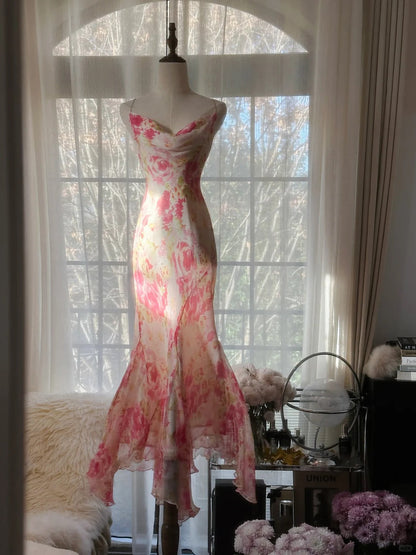 Elegant Spaghetti Straps Printed Chiffon Mermaid Evening Gowns Backless Long Stunning Prom Dresses ED03025