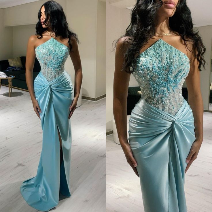 Gorgeous Blue Strapless Sheath Satin Beading Long Prom Dresses Formal Evening Gownsses ED03026