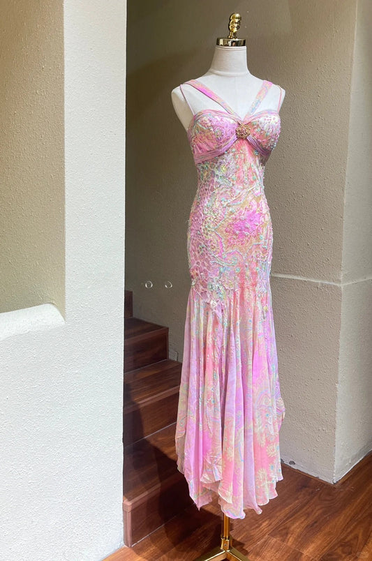 Fairytale Colorful Sweetheart Neck Mermaid Printed Chiffon Long Prom Dresses Vintage Gorgeous Evening Gowns ED03029