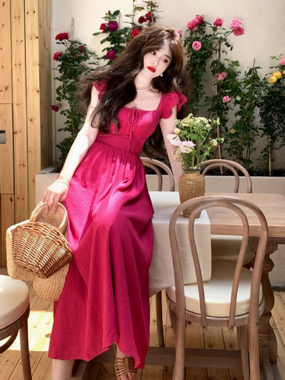 French Retro Red Square Neck Fly Sleeve Dress ED0303